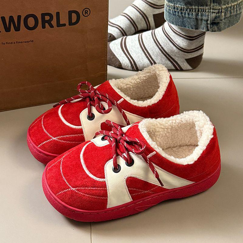 Set of 2 Women's Retro Dexun Cotton Slippers - Autumn/Winter, Lace-Up, Non-Slip, Thick-Soled, Warm & Cozy.