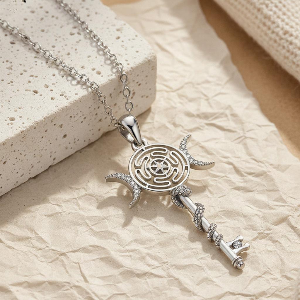 Original Witch Hekate Wheel Pendant Necklace Thai Silver Snake Key Triple Moon Goddess Chain Necklaces Wicca Magic Jewelry