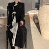 Plus Size Retro Chinese Ink Painting Qipao Dress - Long Sleeve, Jacquard, Waist-Cinching Design