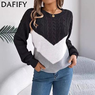 Women's Fashion Casual Fall Winter Colour Block Print Long Sleeve O-Neck Sweaters