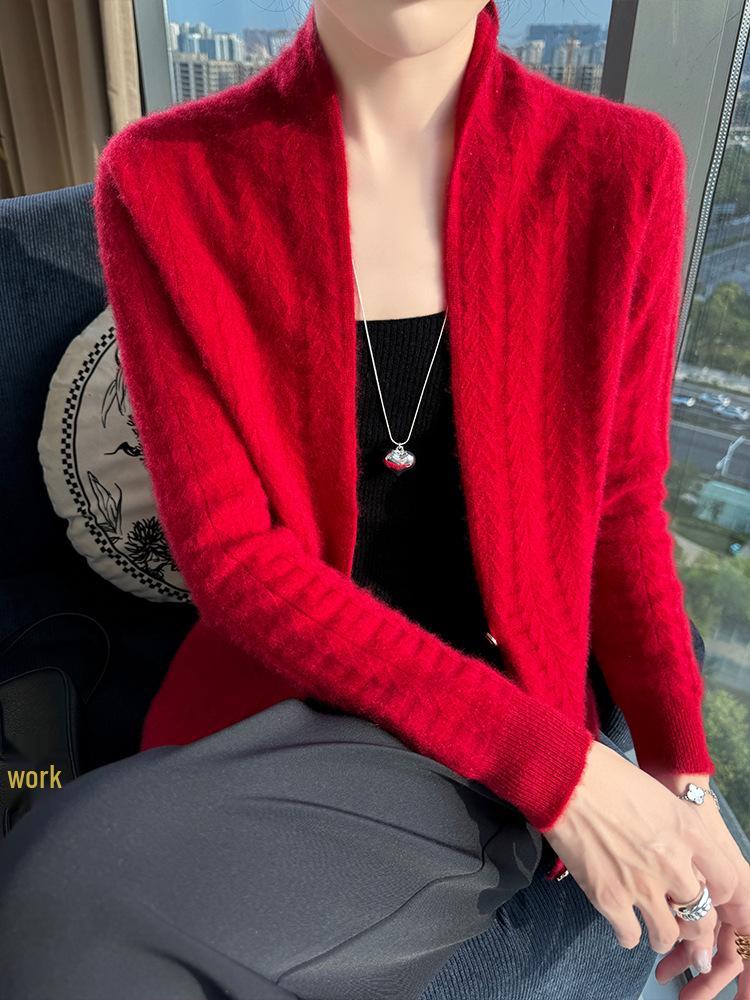 Women's High-End Slim Fit Wool Cardigan Sweater with Scarf Collar