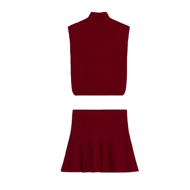 Simple Graceful Stand Collar Short Sleeve Tops 3519003 Plain Stitch A- line Hem Mini Skirt 3519004