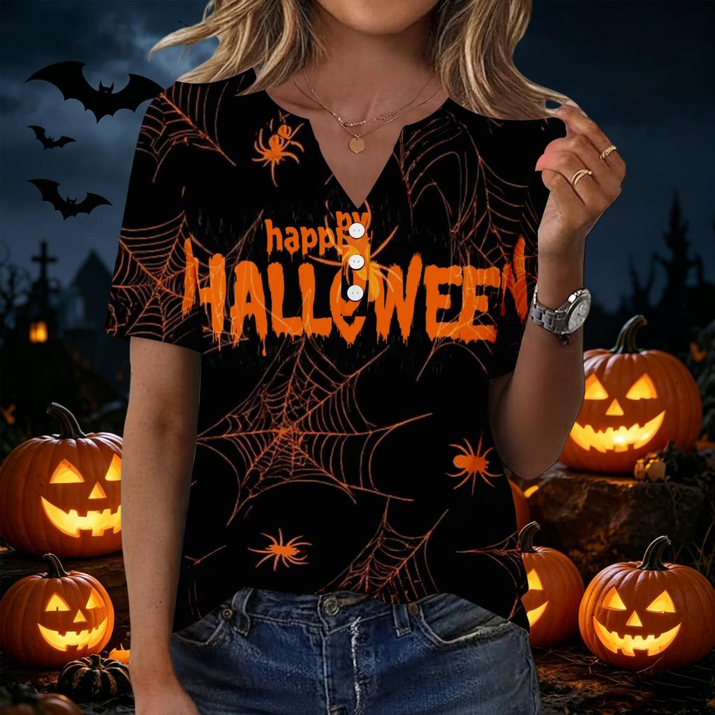 Women's Casual V Neck Button Front Top Halloween Print Short Sleeve Relaxed Fit Blouse Lightweight Breathable Fabric