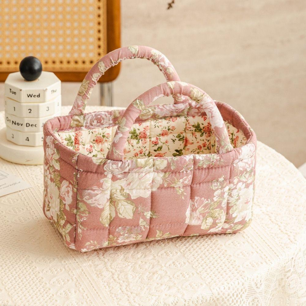 Floral Pattern Storage Basket Foldable Design Quilted Fabric Shopper Bag Cotton Material with Easy Carry Handles