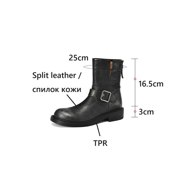Fashion NEW Autumn Women Boots Split Leather Shoes for Women Round Toe Chunky Heel Shoes Zipper Short Boots Casual Buckle Western Boots