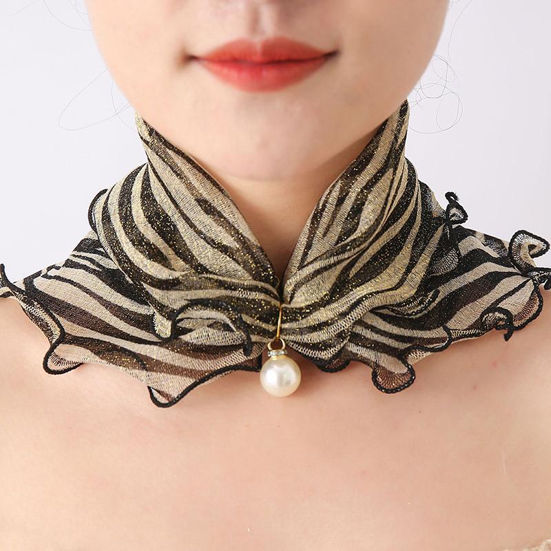 Fashion Printed Gauze Scarf Pearl Pendant Scarf Spring Lightweight Muffler Women Decorative Small Silk Scarf Headband