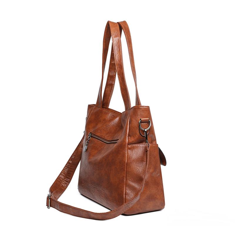 Women Vintage Soft Leather Tote Shoulder Bag Large Capacity Casual Daily Handbag with Detachable Wide Crossbody Strap Multi Pockets Commute Shopping