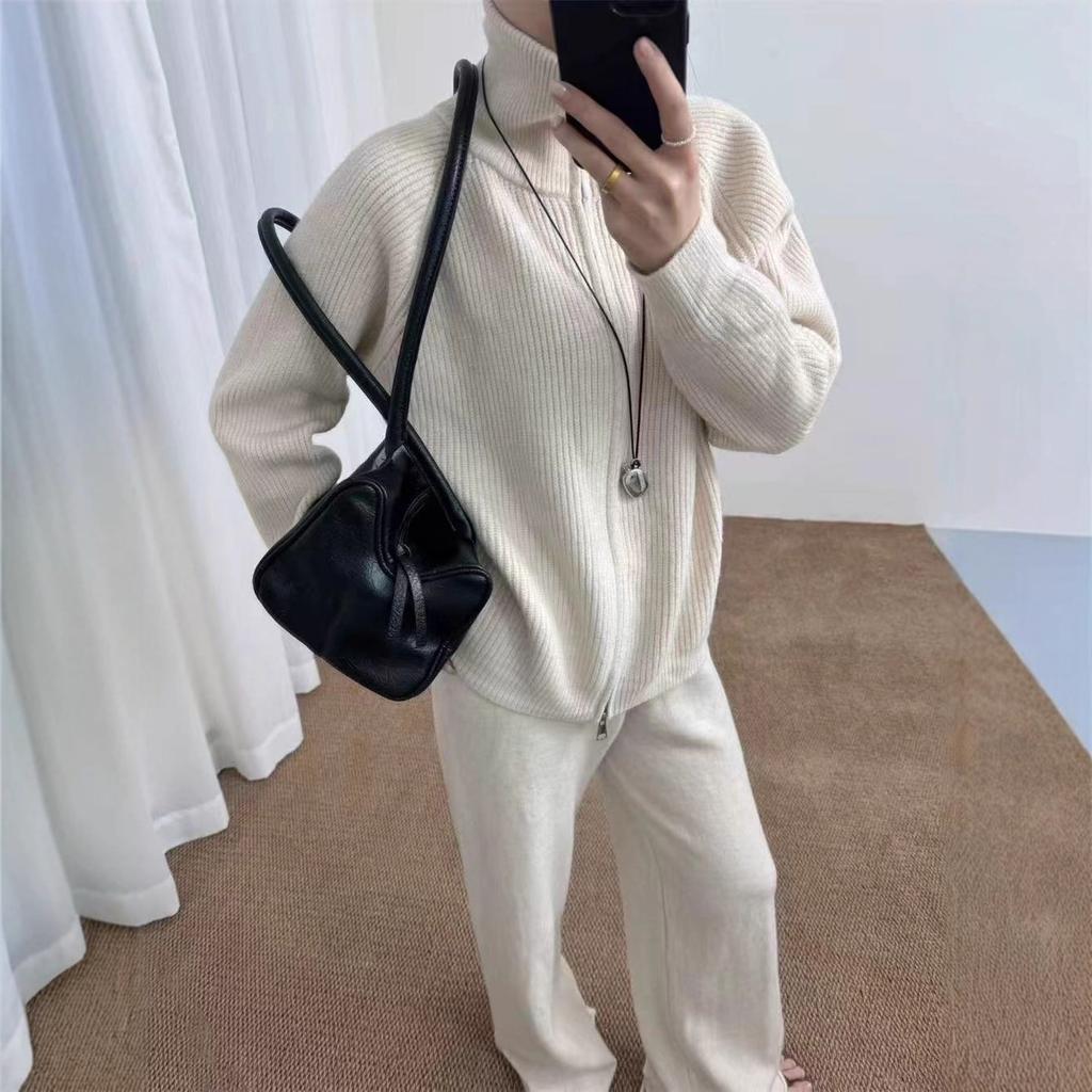 Autumn and winter new European and American women's clothing solid color zipper cardigan knitted wide-leg pants two-piece set for women