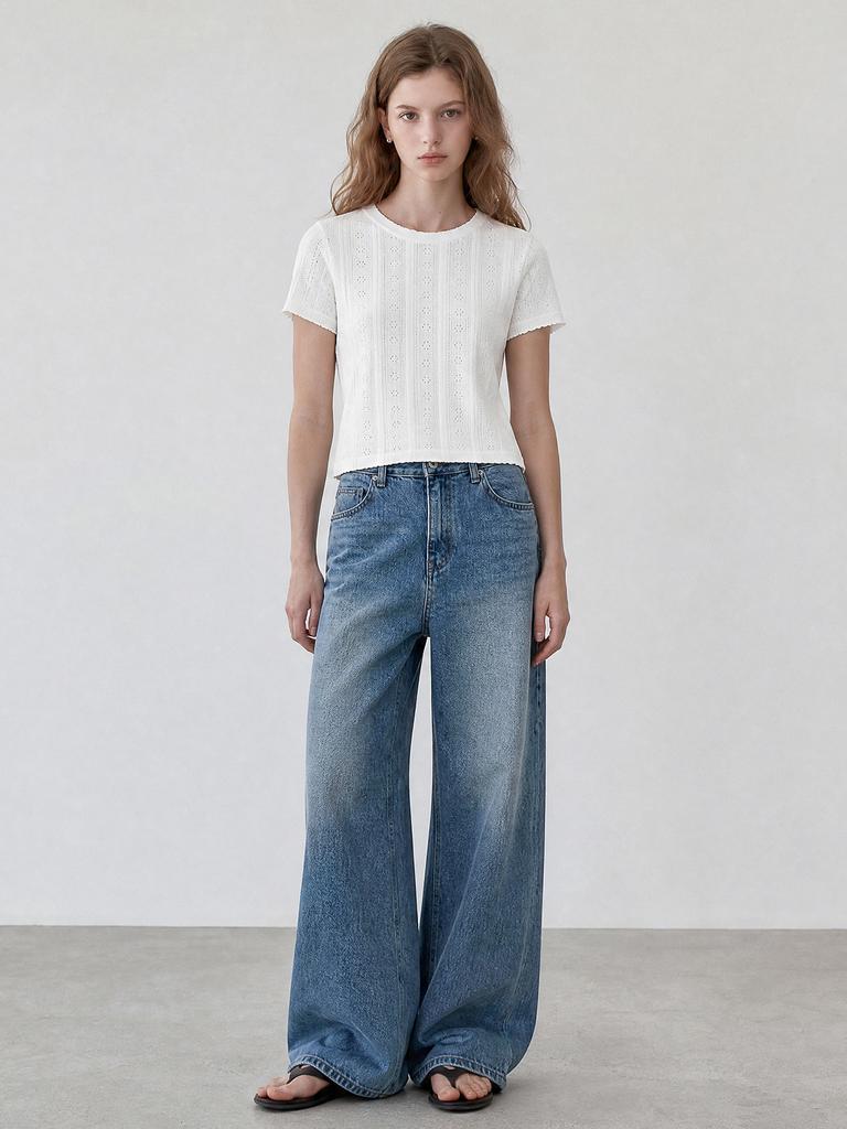 STAY WITH ME Petit Eyelet Short Sleeve Knit_White