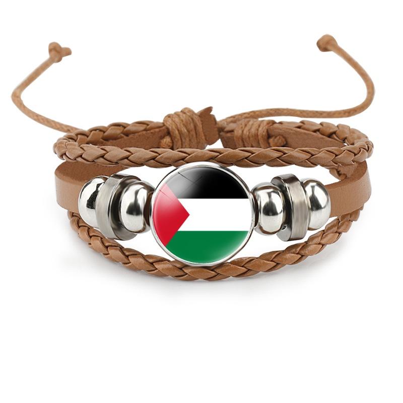 Palestinian Flag Design Gemstone Multi-layer Leather Bracelet Handcrafted Leather Rope Wristband Wholesale