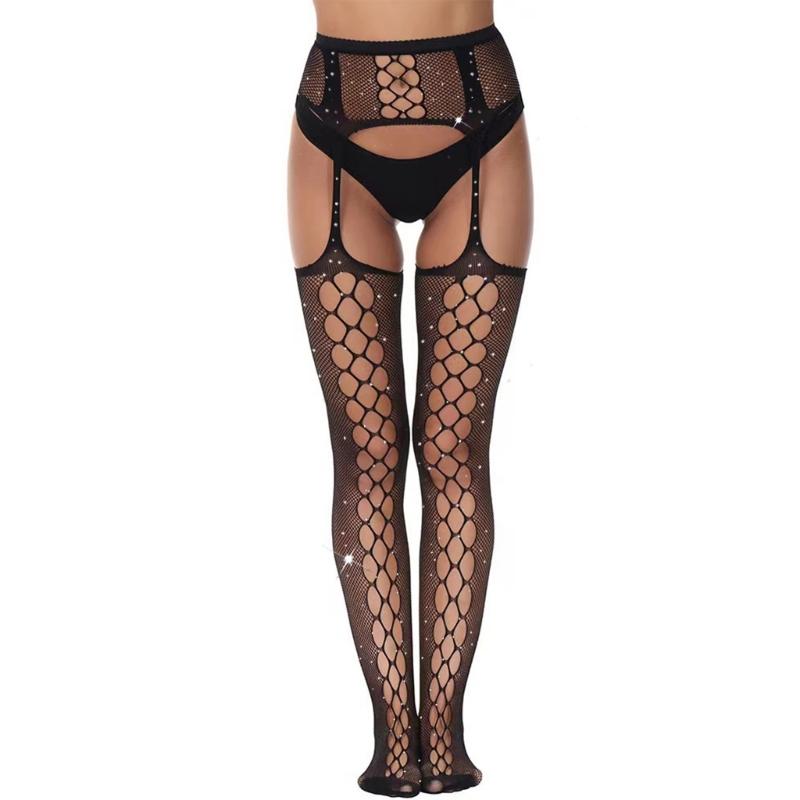 Fishnet Tights High Stockings Black High Waist Suspender Pantyhose Sparkly Rhinestone Stockings Bling Hosiery for Womens 1