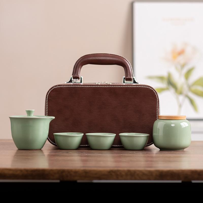 Celadon Ge Kiln Opening Film Can Raise Outdoor Portable Travel Tea Set, One Pot and Three Cups of Kuaike Tea Cup Gifts