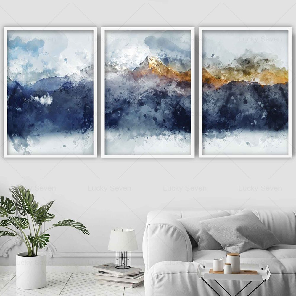Navy Blue Golden Mountains Abstract Wall Art Canvas Painting Modern Nature Watercolor Artwork Prints Posters Living Room Decor
