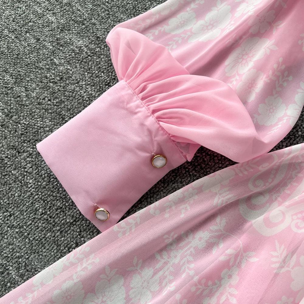 French Vintage Summer Autumn Stand Collar Long Lantern Sleeve Print Long Maxi Dress for Women