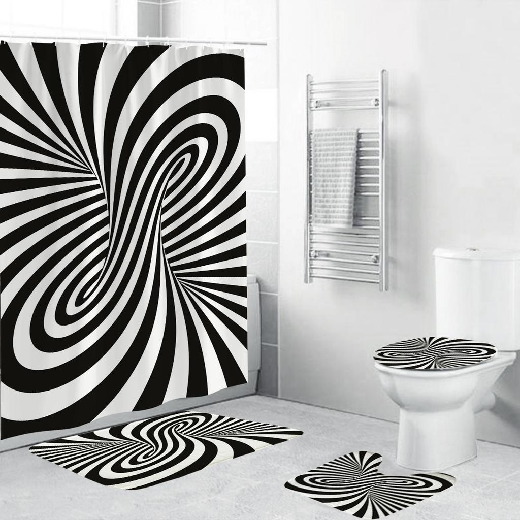 Black White Geometric Stereoscopic Fabric Shower Curtain Bathroom Curtains Set Anti-Skid Rugs Toilet Lid Cover Bath Mat Carpet