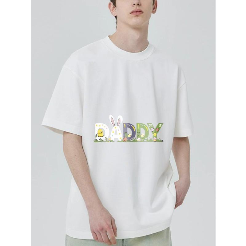 Black T Shirt Daddy Easter Bunny Eggs and Chick Print for Casual Wear