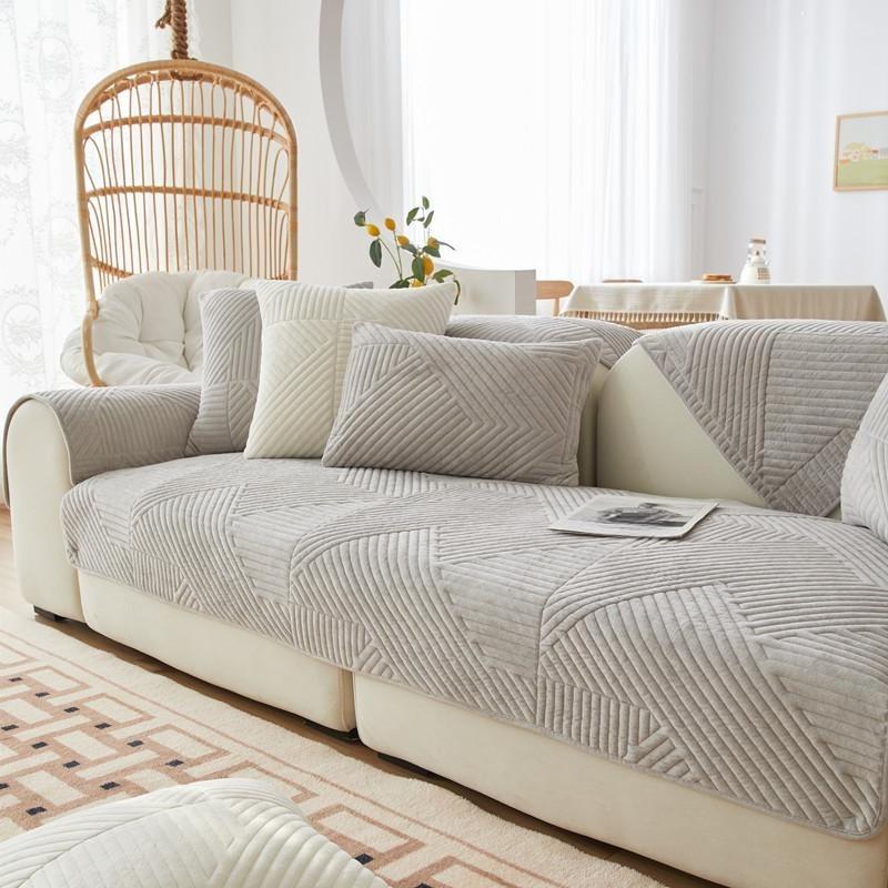 Plush Geometry Stripe Sofa Covers Non-Slip Sofa Mat Solid Color Sofas Towel Couch Slipcover Pad for Living Room Thick Protection