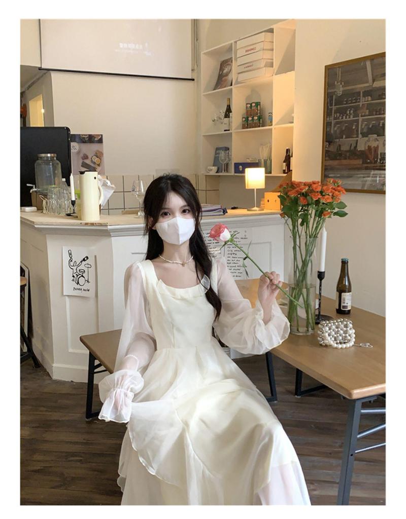 White French Ruffle Long Sleeve Dress: Waist-Defining Fairy Style for Seaside Vacations