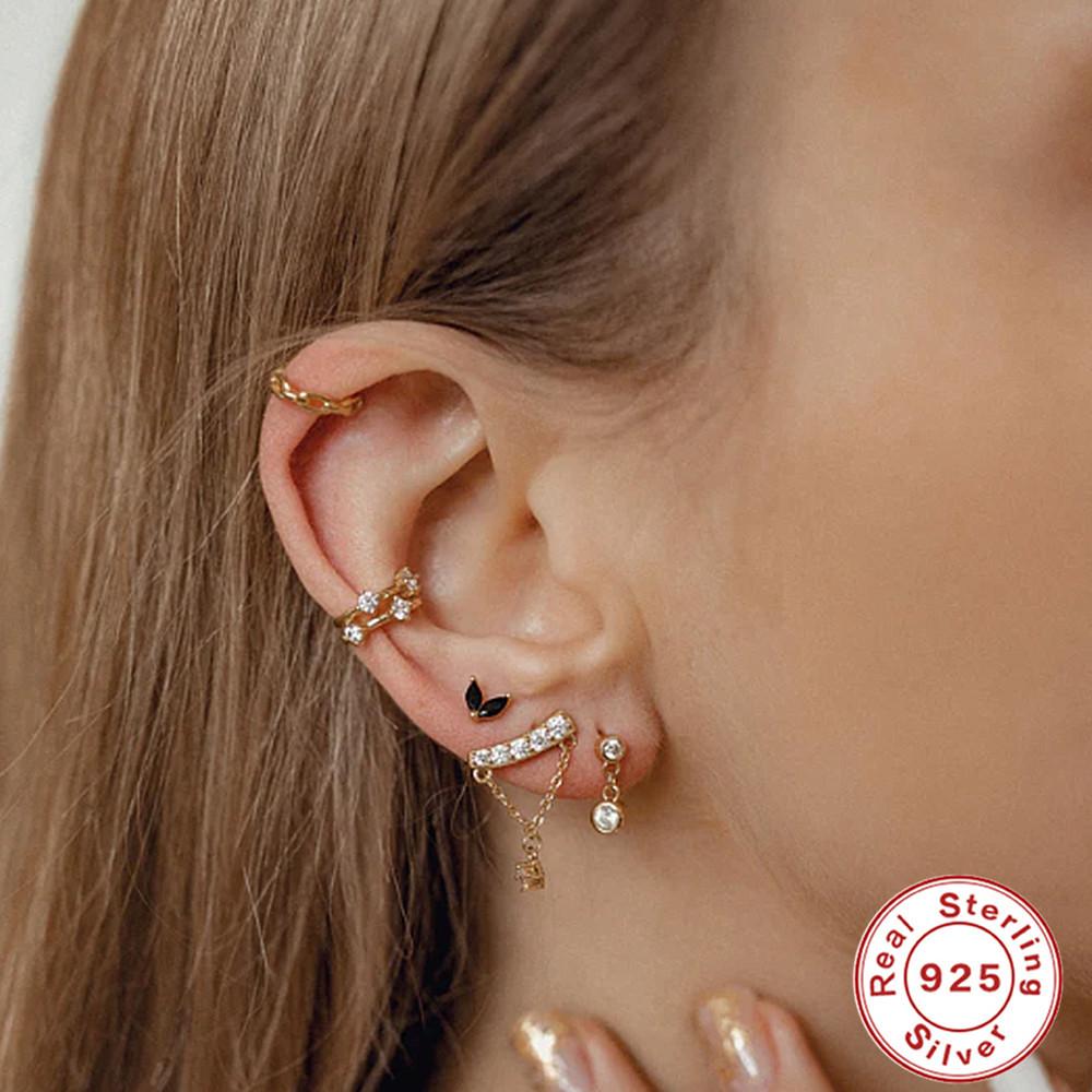 Fashion S925 Sterling Silver Creative Single Row Diamond Chain Fringed Stud Earrings