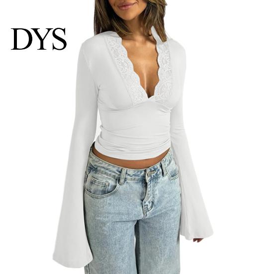 Solid Color Lace Print Blouse Women's Long Sleeve Crop Top Sexy Deep V Neck Slim Fit Bell Sleeves Club Wear Casual Basic Low Cut Going Out Shirt