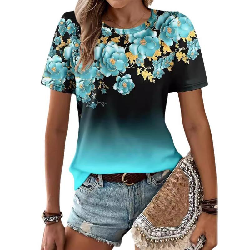 2025 new women's round neck short sleeved women's summer sweet flower 3D printed T-shirt loose and versatile casual women's top