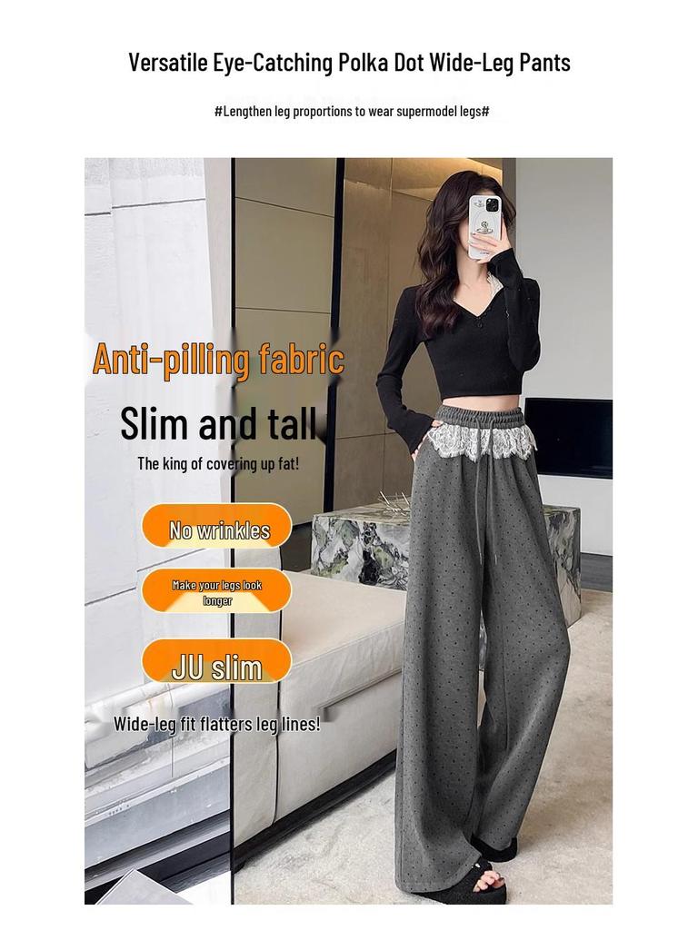 Black Polka Dot High Waist Lace Trim Wide Leg Sporty Pants for Women - Slimming, Casual, Spring/Autumn 2025