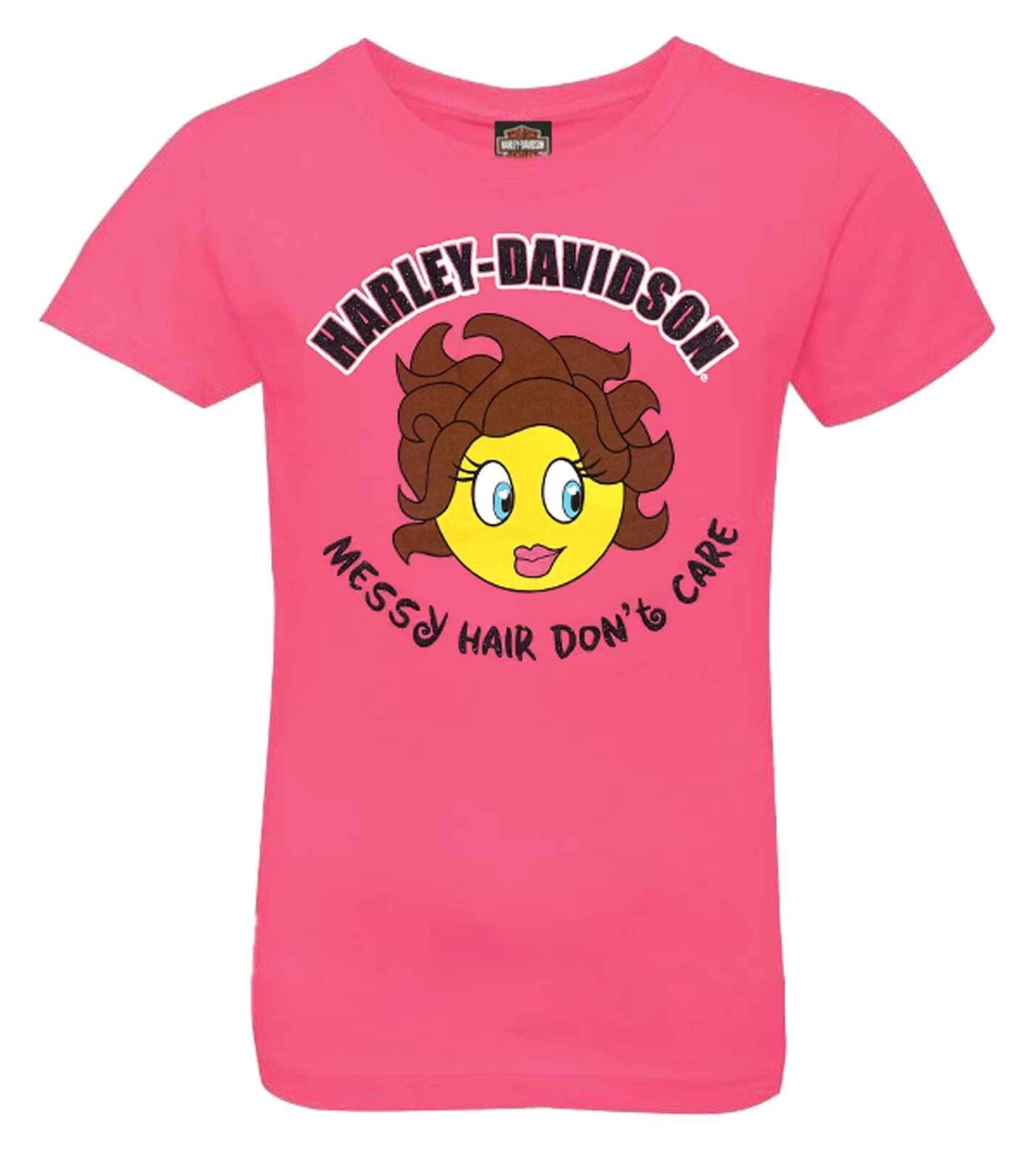 Harley-Davidson Little Girls Messy Hair Emoji Short Sleeve T-Shirt, Hot Pink 2XL