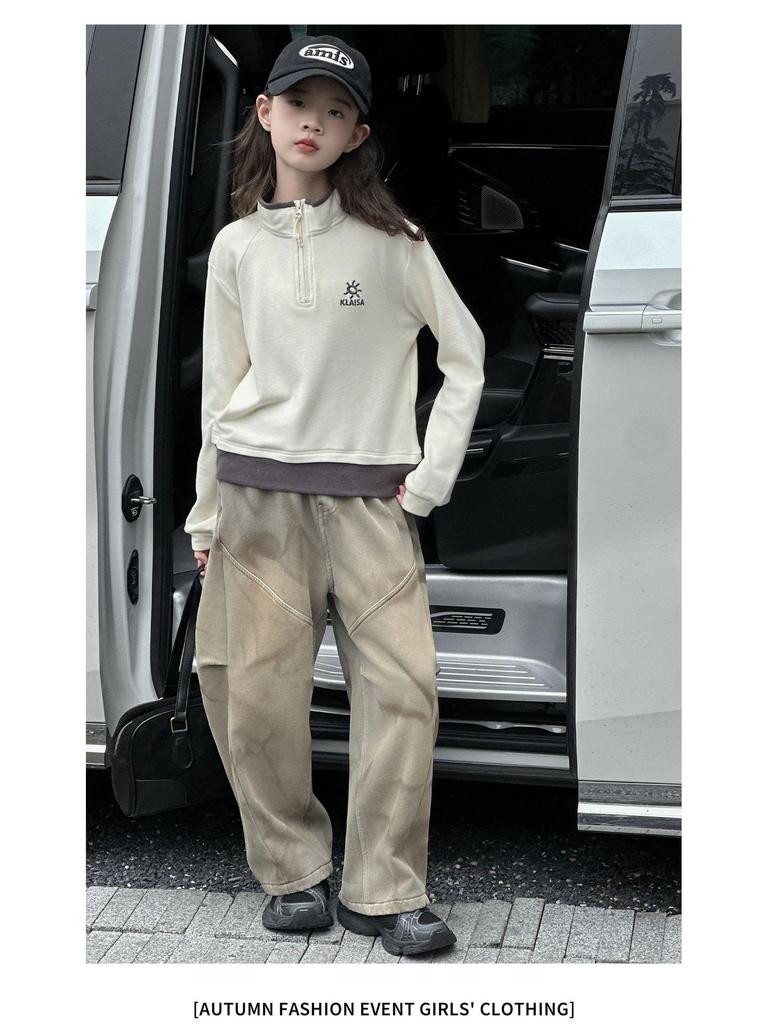 Retro Yellow Mud-Dye Fleece Lined Wide Leg Distressed Jeans for Girls