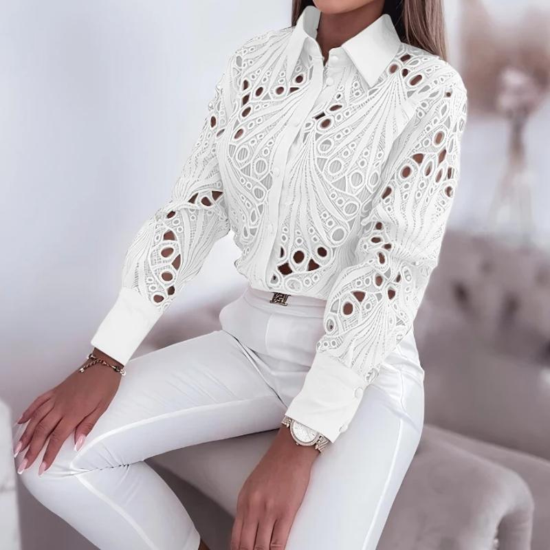 Damenblusen Ausgeschnitten Langarmshirt Lässig Einfarbig Knopfleiste mit Kragen und Offene Vorderseite Camisas Femininas