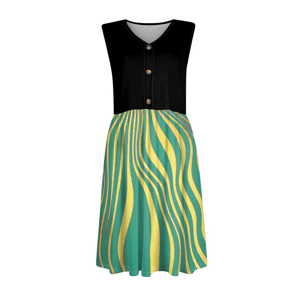 Women's Sleeveless Casual Vacation Loose Swing Geometric Button Midi Dress With Pockets