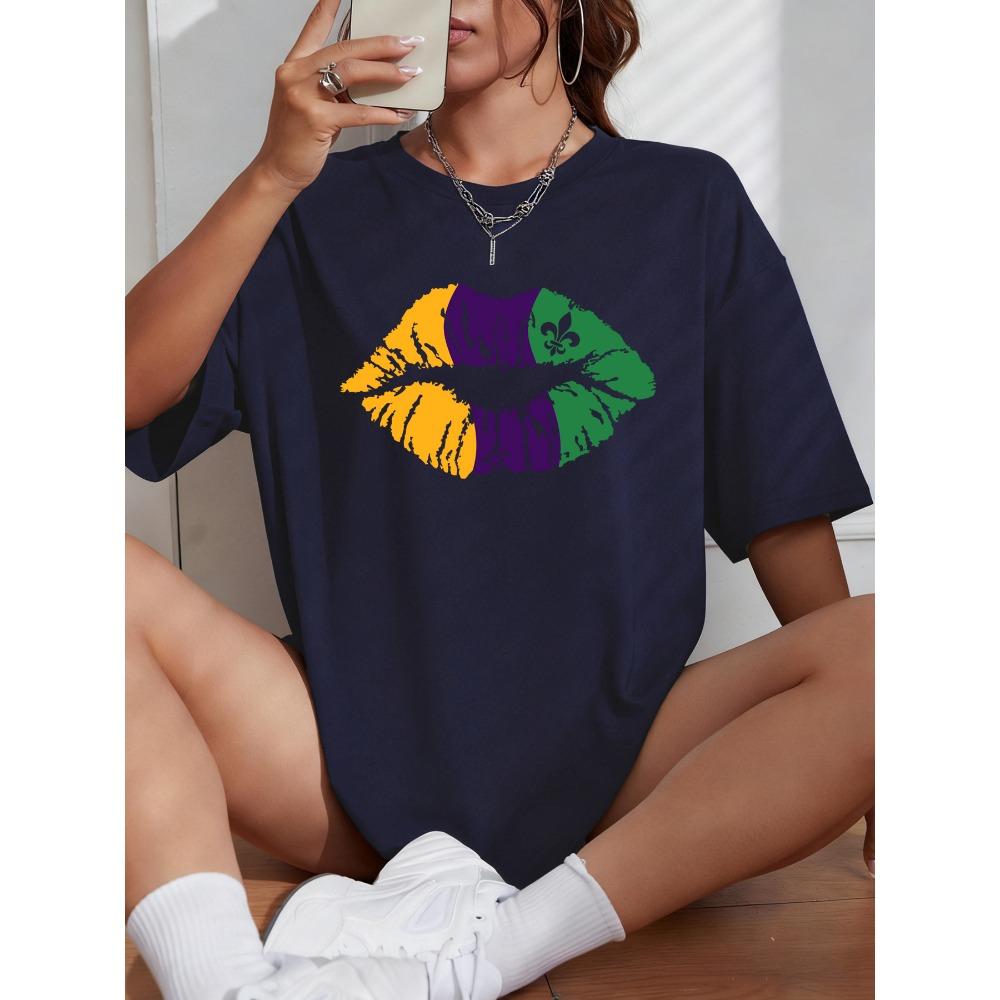 Happy Carnivals Creative Lips Printed Women T-Shirt Cotton Y2K T Shirts Comfortable Short Sleeve Oversized Summer