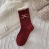 Red Socks, Women's Socks, Bow, Striped Mid-calf Socks, Big Red Socks, New Year Socks, Boneless Combed Cotton Socks