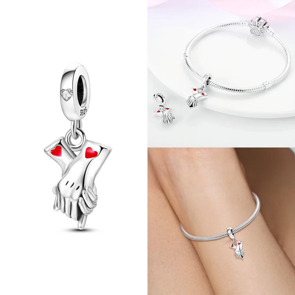 Original Charms Copper Couple Passionate Holding Hands With Red Heart Safety Chain Bead Fit Bracelets Diy Jewelry Women Gift
