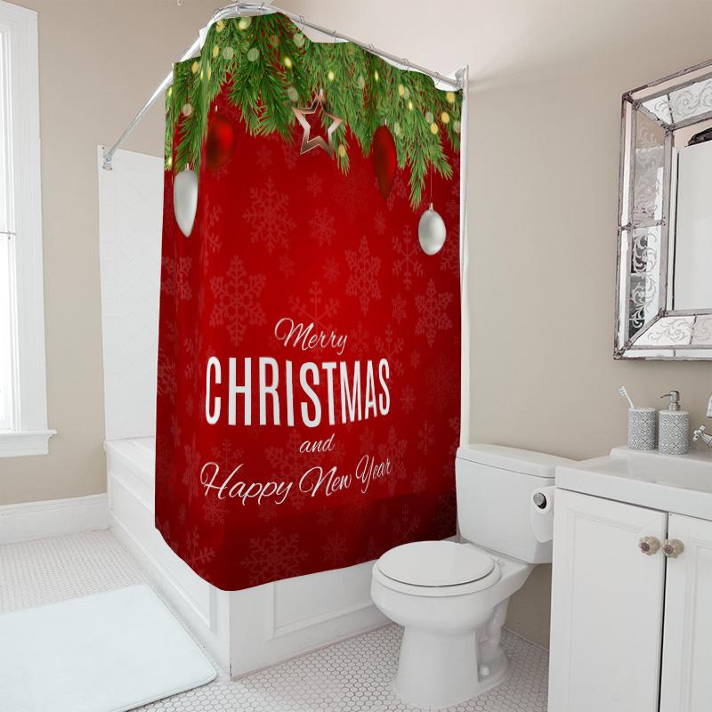 TU Christmas Shower Curtain Festive Holiday Decor Waterproof Fabric Bathroom Set Merry Xmas Pattern Backdrop