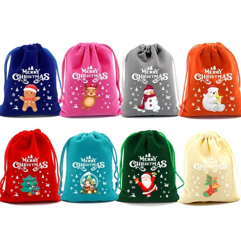 5Pcs Merry Christmas Velvet Bags Green/Red/Blue Drawstring Pouch Candy Gift Bag Jewelry Packaging Bags Xmas New Year Supplies