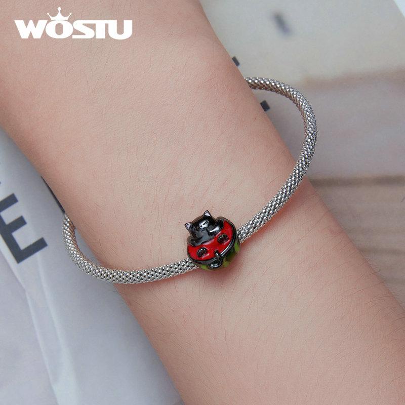 WOSTU Margele Charm Autentice din Argint Sterling 925 Pisică & Pepene Verde potrivite pentru Brățară & Brățară Femei Bijuterii Fine