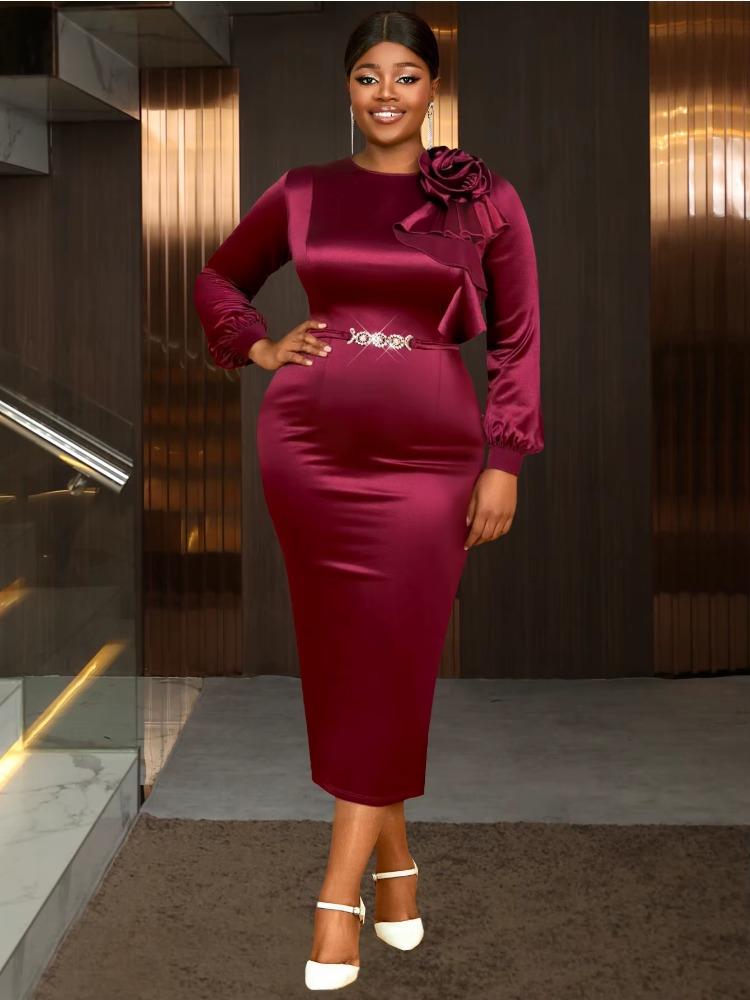 Women Elegant Shiny Midi Evening Party Dress 3D Flower O Neck Long Sleeve Rhinestone Waist Belt Slit Slim Wedding Christmas Gown