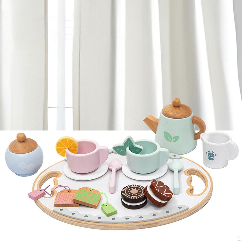Wooden Tea Set for Little Girls Wood Toy 16 Pieces Kids Kitchen Accessories Play Food