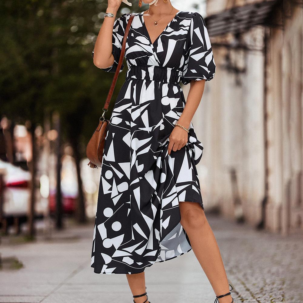 Geometric Pattern Waistband V-neck Long Casual Commuter Dress for Spring Summer Women's Dress Women Clothing