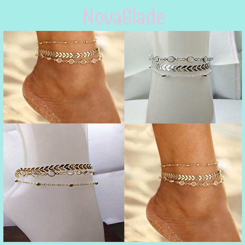 3er Set Exquisites Sommer Strand Mode Fischgrätenkette Kristall Zirkon Fußkettchen