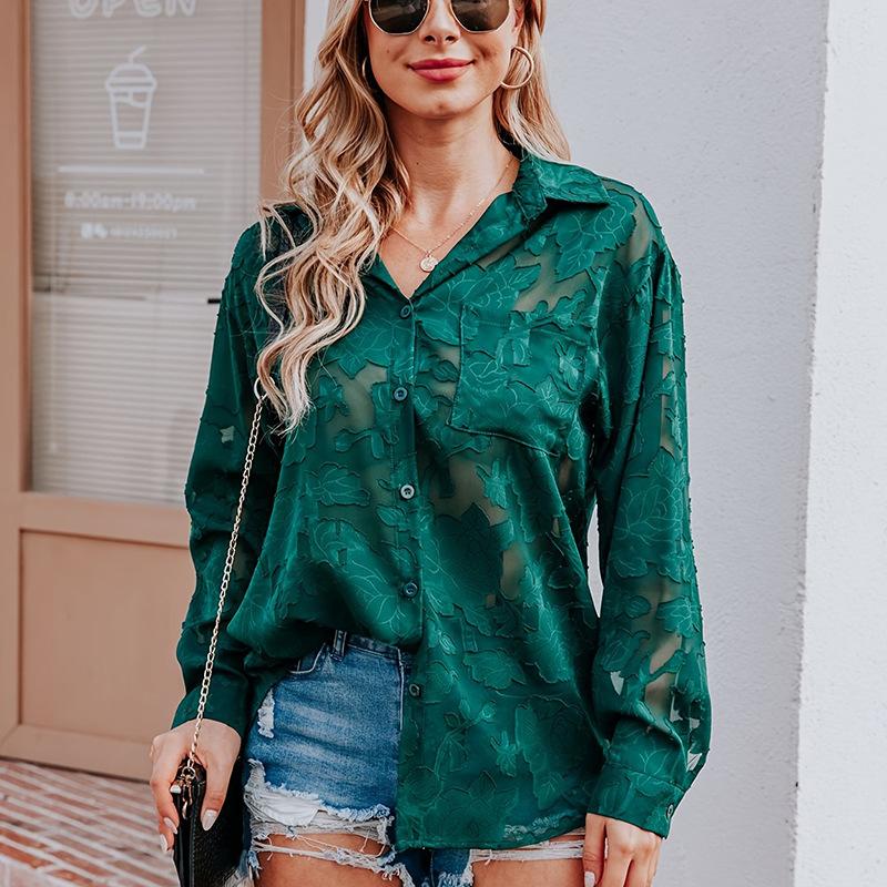 

YYFS женские модные повседневные весенне-осенние рубашки-поло с цветочным узором и принтом, длинные рукава, блузки и рубашки XXL зелёный