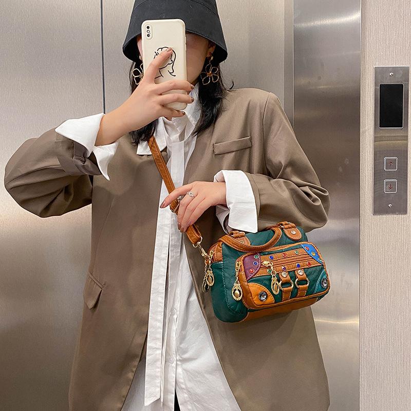 Niche Design Women's Handbag Small Fashion Patchwork Colorful Rivet Women's Shoulder Bag Double-layer Pleated Small Bag