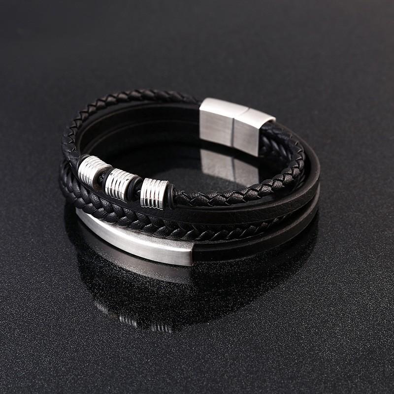 Multi-Layer Braided Leather Bracelet With Stainless Steel Magnetic Clasp Men Geometric Style Fashion Accessory