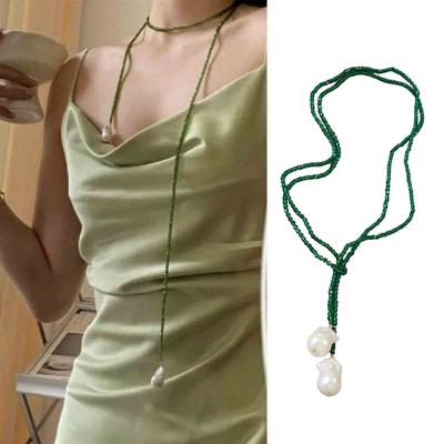 Elegante Colar Longo Ajustável de Pérolas Barrocas e Cristal Para Mulheres Moda Corrente de Pescoço com Contas Joias Feitas à Mão