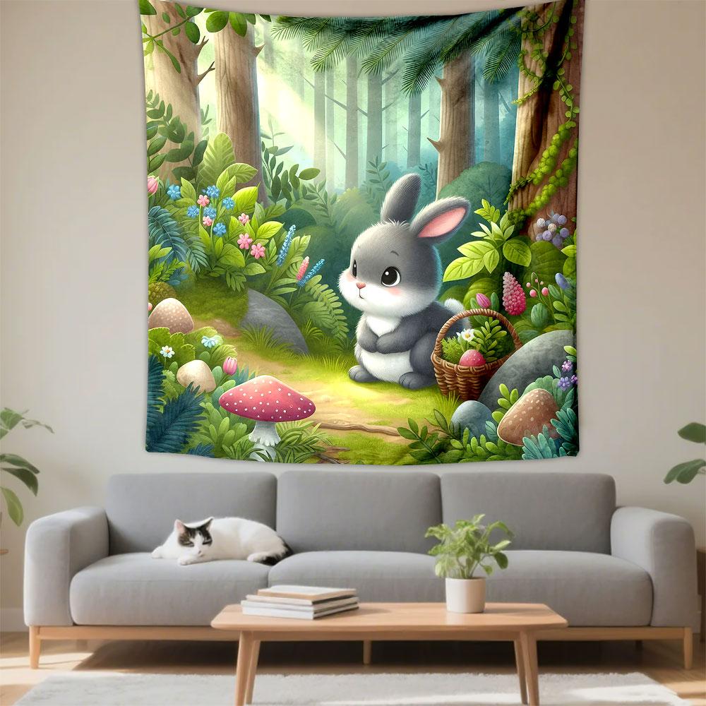 Cute Bunny in a Forest Wonderland Patterned Tapestry Decorative Wall Hanging, Home Bedroom Living Room Decor