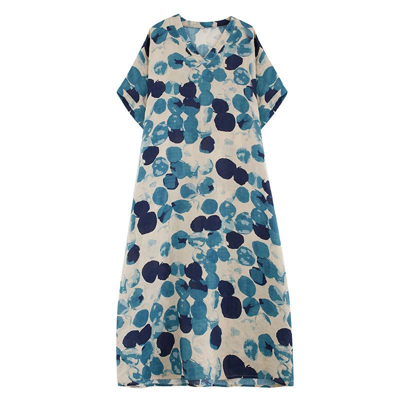 Retro Sukienka Plażowa z Dekoltem V i Luźnym Krojem - Lato 2024 Bawełna Len Narzutka Plus Size