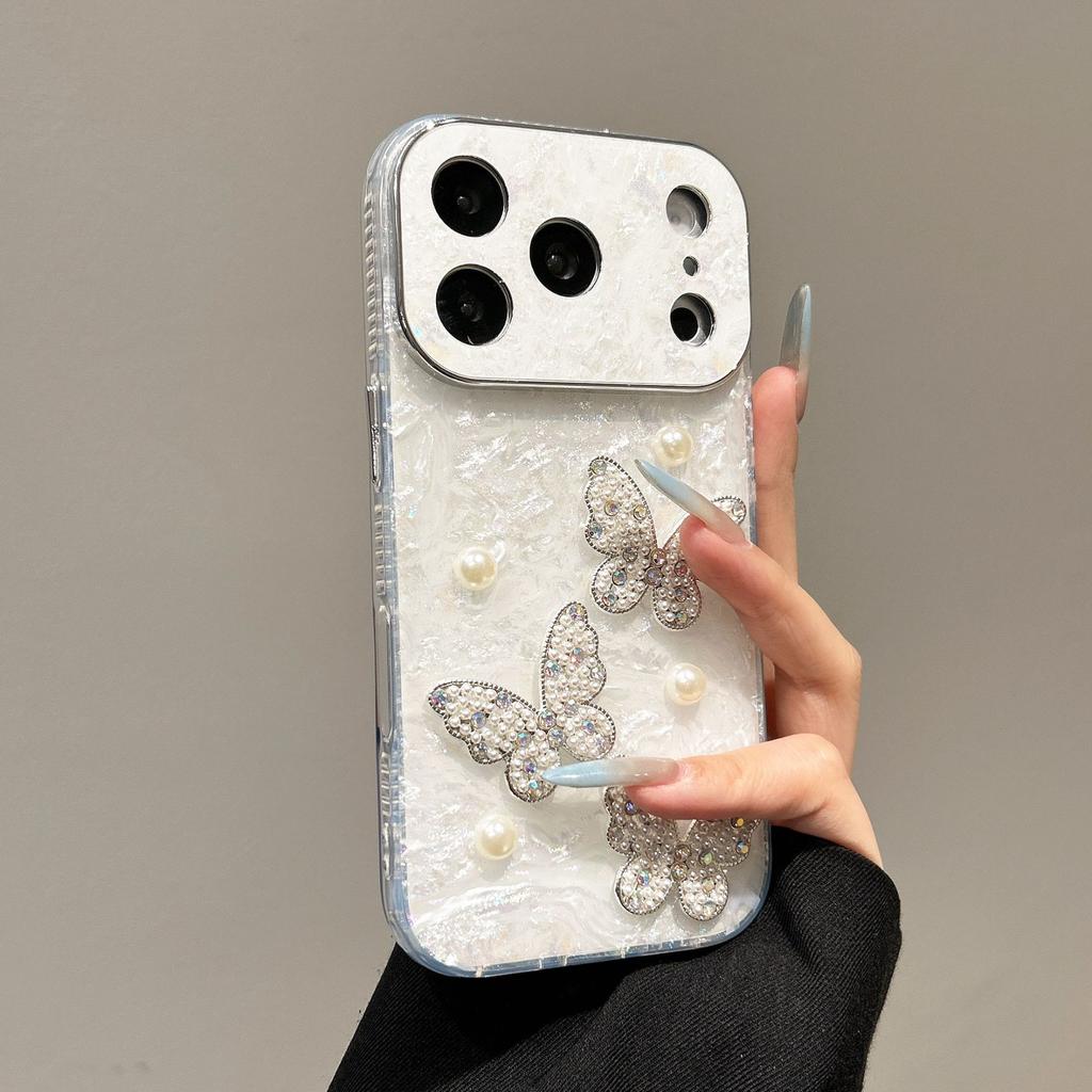 Hoesje voor iPhone 17 16 15 14 13 Pro Max Doe-het-zelf Parel Vlinder beschermhoes volledige dekking Schokbestendig Anti-vingerafdruk