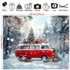 Red Retro Bus Christmas Background Winter Forest Scene and Gifts Universal Holiday Party Decoration