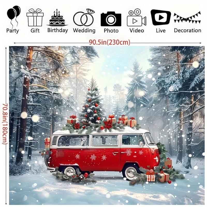 Red Retro Bus Christmas Background Winter Forest Scene and Gifts Universal Holiday Party Decoration