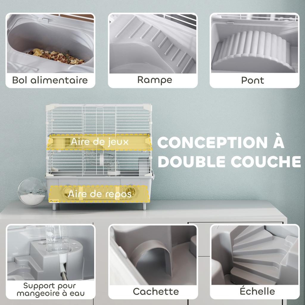 Gabbia per criceti a due livelli con ruota e vaschetta per sabbia per criceti nani, 44,5 x 28 x 44 cm, grigio